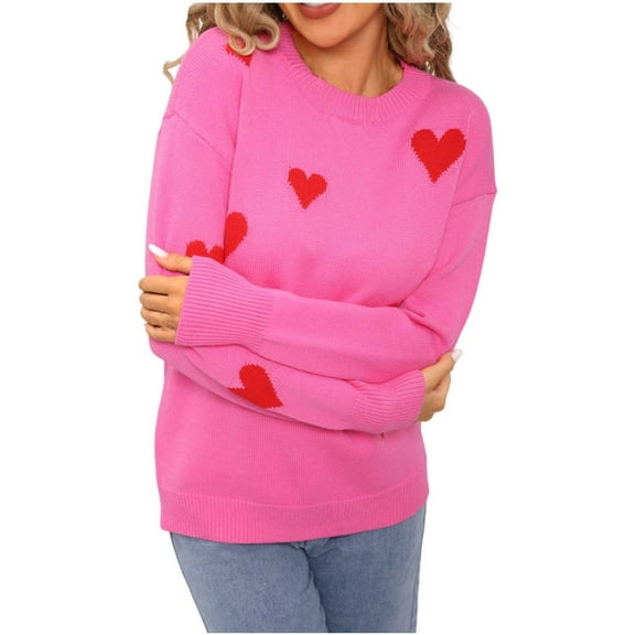 Fewfanhot Fall Sweaters for Women Cute Heart Sweater Fall Dressy Casual Ribbed Knit Crew Neck Pullover Tops