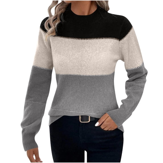 Fewfanhot Fall Sweaters for Women Fall Fashion Long Sleeve Color Block Oversized Sweater Trendy Casual Crew Neck Knitted Tops Pullover