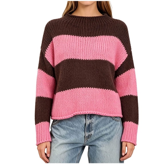Fewfanhot Fall Sweaters for Women Striped Mock Neck Fall Knit Color Block Long Sleeve Warm Winter Loose Fit Sweater