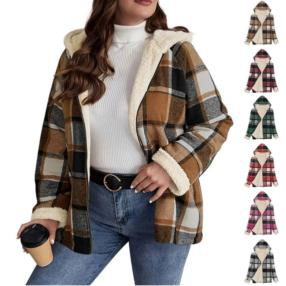 Fewfanhot Fall Sweatshirts for Women Plaid Shacket Jacket Long Sleeve Fleece Hooded Jackets Fall Winter Warm Coat