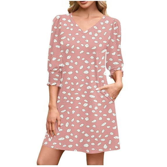 Fewfanhot Fall Wedding Guest Dresses Nightgowns Soft Cotton Printed Nightdress Short Sleeve Night Shirt Sleepwear with Pockets