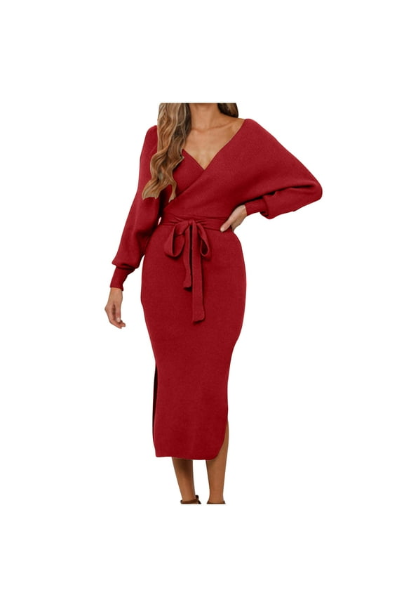 Fall Wedding Guest Dresses for Women V Neck Sweater Dresses Batwing Long Sleeve Backless Bodycon Long Dress with Belt