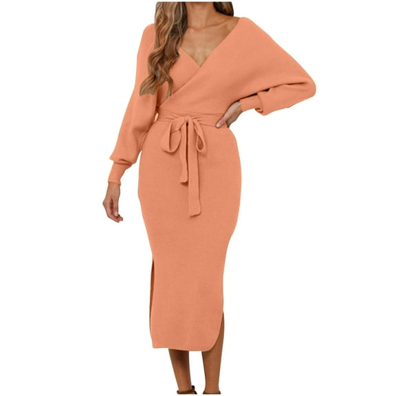 Fewfanhot Fall Wedding Guest Dresses for Women V Neck Sweater Dresses Batwing Long Sleeve Backless Bodycon Long Dress with Belt