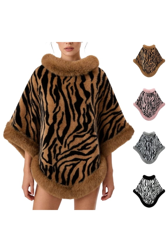 Faux Fur Trim Animal Print Poncho Cape, Thick Warm Fleece Lined Wrap Shrug Coat for Women Fall Winter