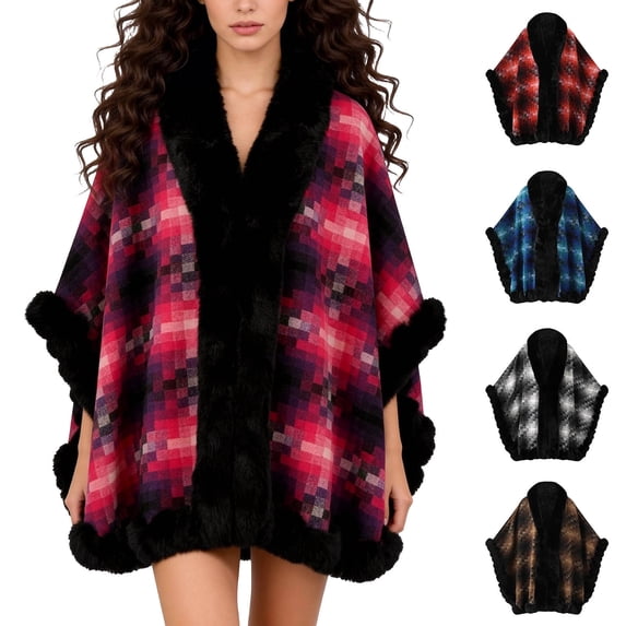 Fewfanhot Faux Fur Trim Cardigan Plaid Poncho Cape, Open Front Warm Reversible Wrap Shawl Coat for Fall Winter