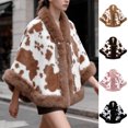 thumbnail image 1 of Fewfanhot Faux Fur Trim Cute Cow Print Poncho Cape, Warm Fleece Lined Open Front Wrap Coat for Women Winter, 1 of 9