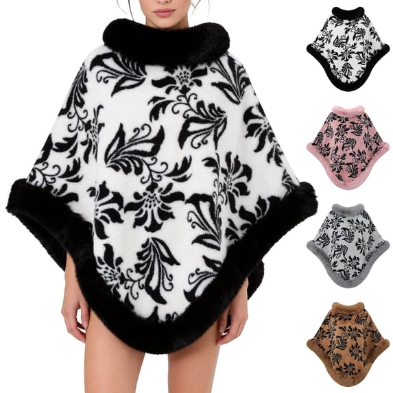 Fewfanhot Faux Fur Trim Floral Print Poncho Cape, Thick Warm Fleece Lined Wrap Shrug Coat for Women Fall Winter