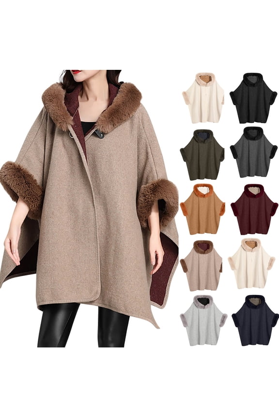 Faux Fur Trim Hooded Cape Poncho, Open Front Warm Wool Blend Wrap Coat for Women