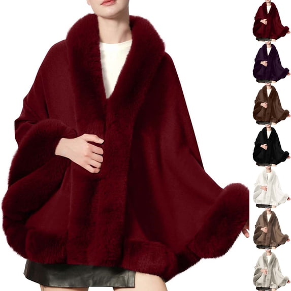 Fewfanhot Faux Fur Trim Open Front Poncho Cape, Winter Thick Warm Blanket Wrap Shawl for Women Formal Daily