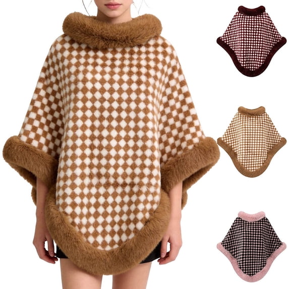 Fewfanhot Faux Fur Trim Plaid Print Poncho Cape, Thick Warm Fleece Lined Wrap Shrug Coat for Women Fall Winter