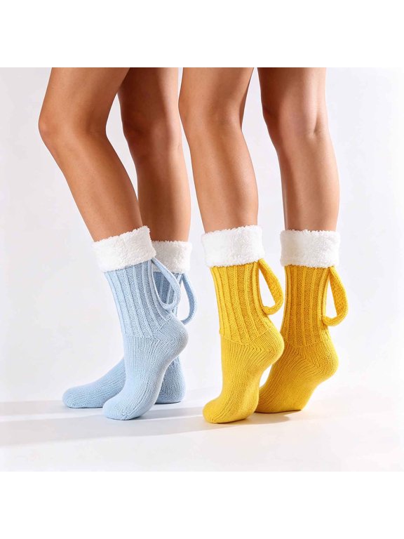 Fleece Lined Knit Floor Socks, Mid‑Calf House Socks with Hanging Loop, Warm Cozy Indoor Socks for Home Daily Use