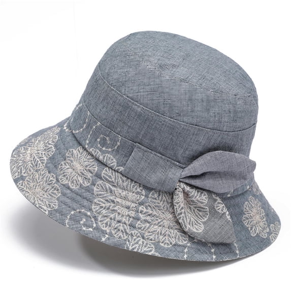 Fewfanhot Floral Embroidery Bucket Hat for Women, UPF50+ UV Protection Sun Hat with Bow Decor, Breathable Linen Blend Cap for Daily Wear Church Wedding Travel Gift