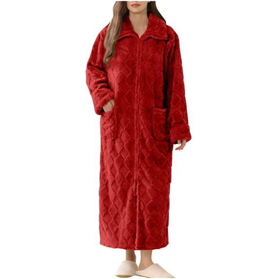 Fewfanhot Formal Dresses for Women Warm Plush Winter Robe, Zip up Long Fleece Bath Robes Female, Zipper Bathrobes for Women