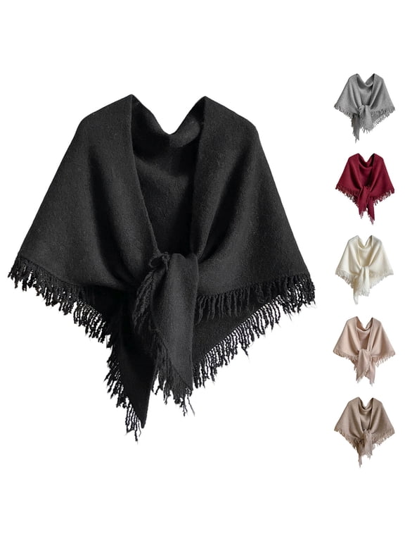 Fringe Trim Triangular Knit Poncho Shawl, Warm Front Tie Wrap Cape for Women Men Fall Winter