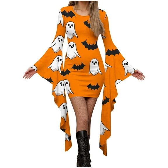 Fewfanhot Halloween Dresses for Women Casual Crewneck Dress with Spooky Prints & Asymmetrical Style Pullover Patchwork Dress