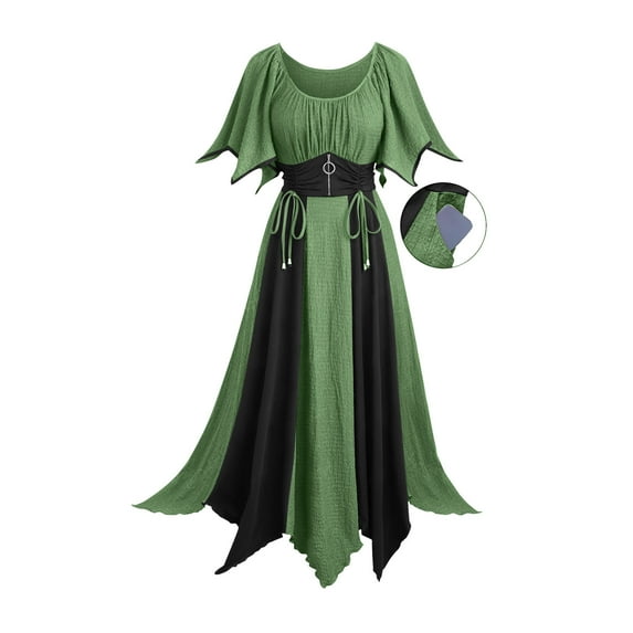 Fewfanhot Halloween Dresses for Women Gothic Chic Dress: Wine & Black Color-Block Bubble Sleeve Dress with Corset Waist