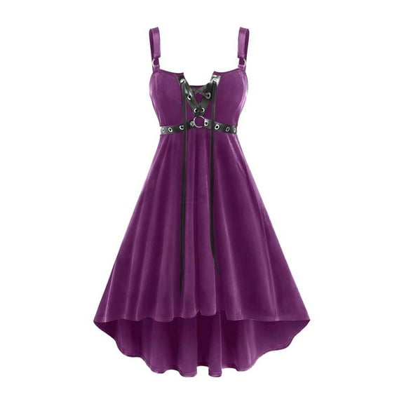 Fewfanhot Halloween Fall Dresses for Women Witchy Elegance Dress, Asymmetrical Velvet Gown with Corset-Style Buckle Detail
