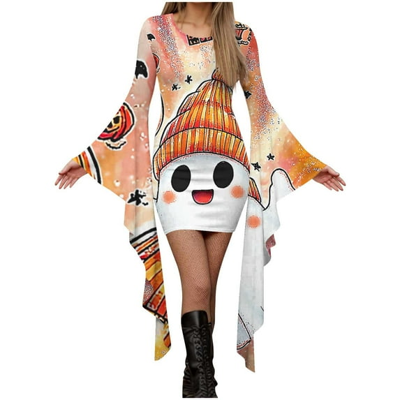 Fewfanhot Halloween Maxi Dresses for Women Casual Crewneck Dress with Spooky Prints & Asymmetrical Style Pullover Patchwork Dress