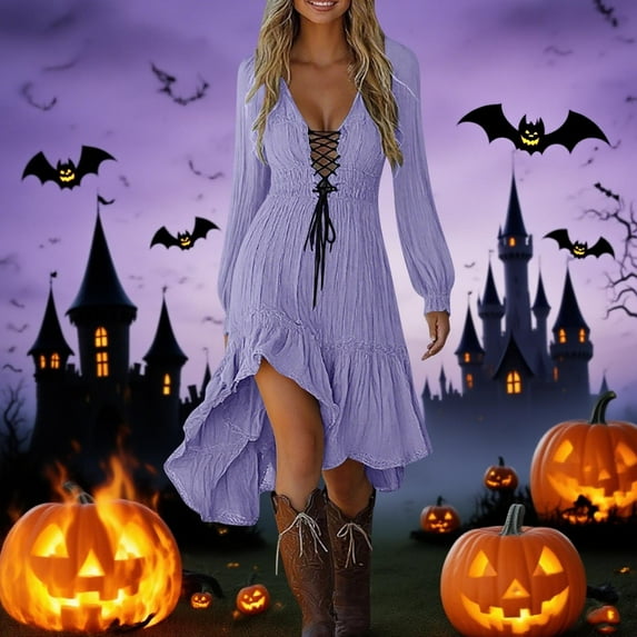 Fewfanhot Halloween Women's Dresses Edgy Elegance Dress: Long Sleeve Gothic Sleeveless Maxi with High-Low Hem & Lace