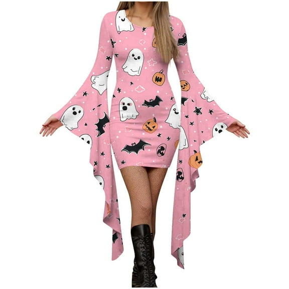 Fewfanhot Halloween Womens Dresses Casual Crewneck Dress with Spooky Prints & Asymmetrical Style Pullover Patchwork Dress