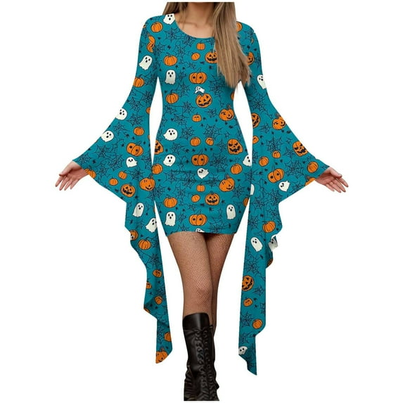 Fewfanhot Halloween Womens Dresses Casual Crewneck Dress with Spooky Prints & Asymmetrical Style Pullover Patchwork Dress