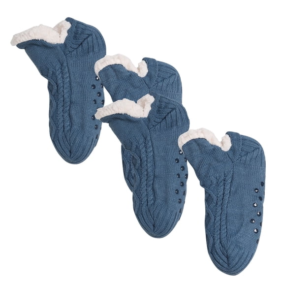 Fewfanhot Kids Cable Knit Fleece Lined Slipper Socks, 2 Pack Winter Non Slip Warm Thick Crew House Socks for Age 3-10