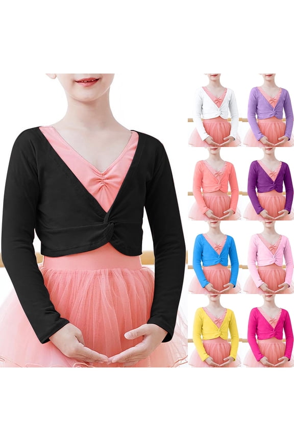 Kids Long Sleeve Twist Front Ballet Wrap Top, Cropped Dance Cardigan for Girls Dance Class