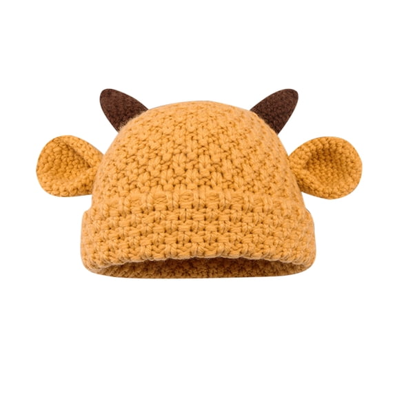 Fewfanhot Knit Cow Hat with Horns & Ears, Soft Warm Hand-knitted Woolen Beanie Cute Animal Design Winter Cap for Daily Wear Photo Shoots Shower Gift