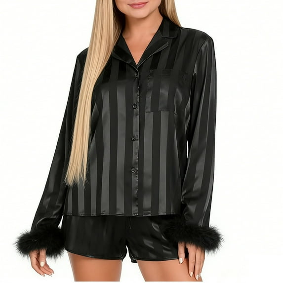 Fewfanhot Ladies' Casual Solid Color Striped Long-Sleeved Lapel Top and Shorts pants Pajama Loungewear Set,2 PC