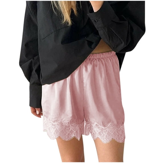 Fewfanhot Ladies' Fashion Casual Lace Satin Sleep Shorts Elastic Waist Soft Lightweight Design Luxurious Breathable Loungewear