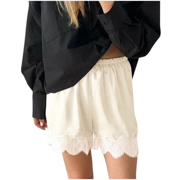 Fewfanhot Ladies' Fashion Casual Lace Satin Sleep Shorts Elastic Waist Soft Lightweight Design Luxurious Breathable Loungewear