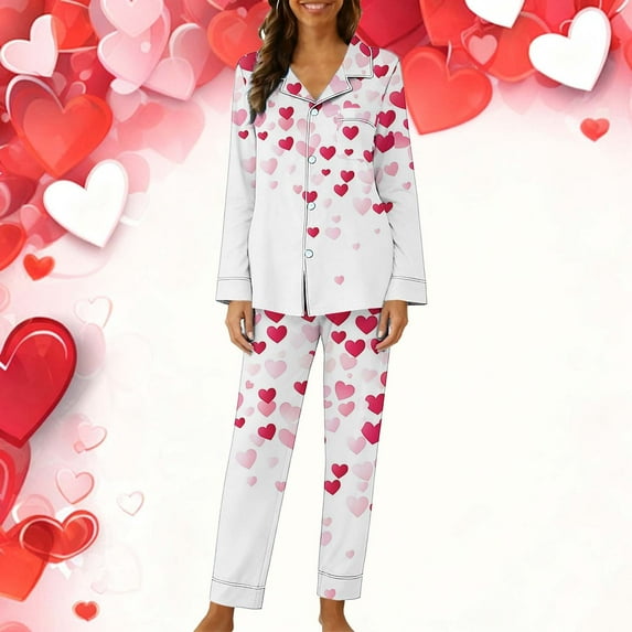 Fewfanhot Ladies' Fashion Printed Pajama Set - Long Sleeved Lapel Cozy 2 Piece Top and Pants Sleep Wear Loungewear