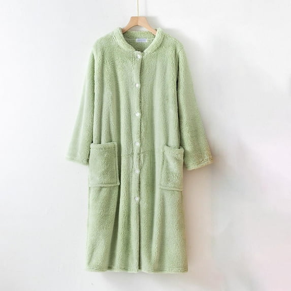 Fewfanhot Long Sleeve Button Bathrobe Ankle-Length Nightgowns with Pocket for Women Ladies Sleepwear Vintage Sleep Dress