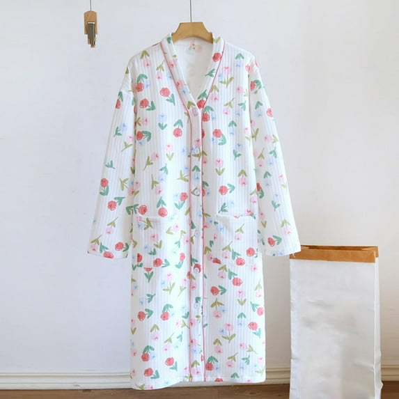 Fewfanhot Long Sleeve Button Bathrobe Ankle-Length Nightgowns with Pocket for Women Ladies Sleepwear Vintage Sleep Dress