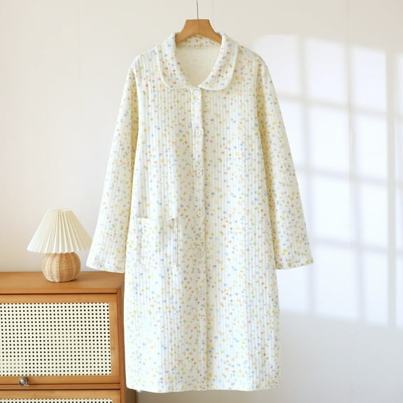 Fewfanhot Long Sleeve Button Bathrobe Ankle-Length Nightgowns with Pocket for Women Ladies Sleepwear Vintage Sleep Dress
