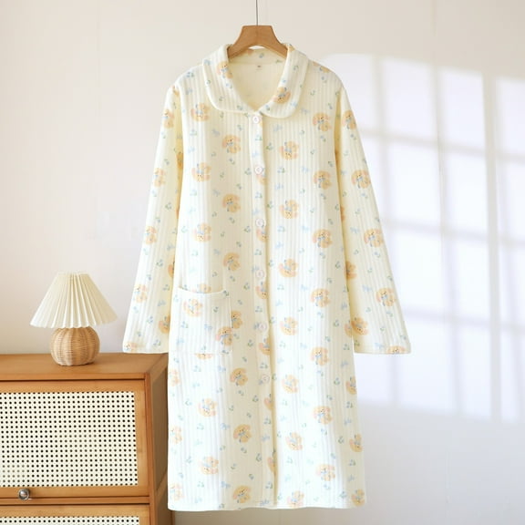 Fewfanhot Long Sleeve Button Bathrobe Ankle-Length Nightgowns with Pocket for Women Ladies Sleepwear Vintage Sleep Dress