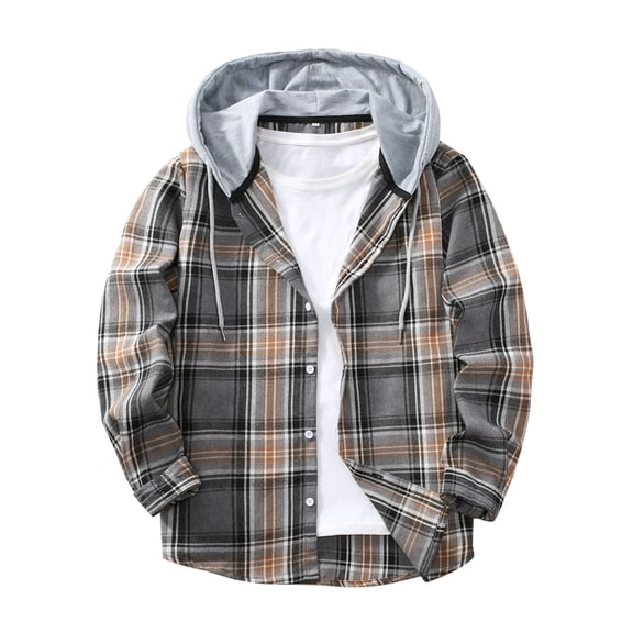 Fewfanhot Long Sleeve Shirts for Men Plaid Shirts Long Sleeve Flannel Jacket Button-Down Shirt Jacket with Hood
