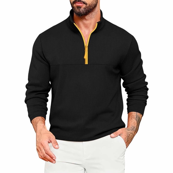 Fewfanhot Long Sleeve Shirts for Men Quarter Zip Pullover Sweater Lightweight Mock Neck Slim Fit Pullover Knit Casual Sweaters
