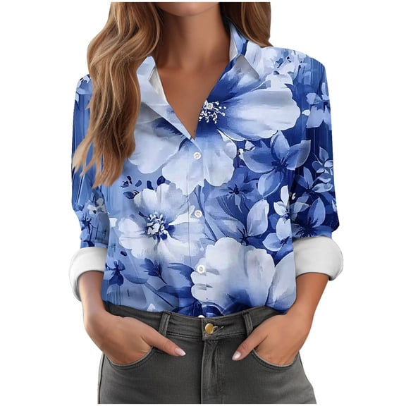 Fewfanhot Long Sleeve Tops for Women Button Down Shirts for Women Dressy Floral Printed Long Sleeve Blouse Business Casual Work Tops