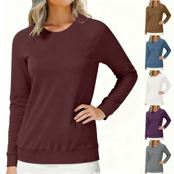 Fewfanhot Long Sleeve Tops for Women Solid Color Loose Fitting Long Sleeve Pullover Tops with Pockets Fashion