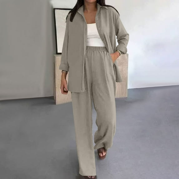 Fewfanhot Lounge Sets for Women Oversized V-neck Loose Lapel Long Sleeved Shirt Wide Leg Pants Color Set