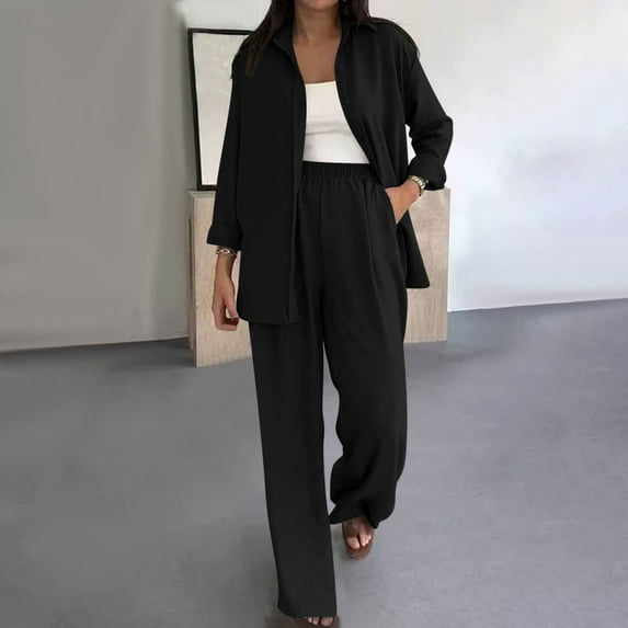 Fewfanhot Lounge Sets for Women Oversized V-neck Loose Lapel Long Sleeved Shirt Wide Leg Pants Color Set