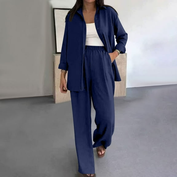 Fewfanhot Lounge Sets for Women Oversized V-neck Loose Lapel Long Sleeved Shirt Wide Leg Pants Color Set