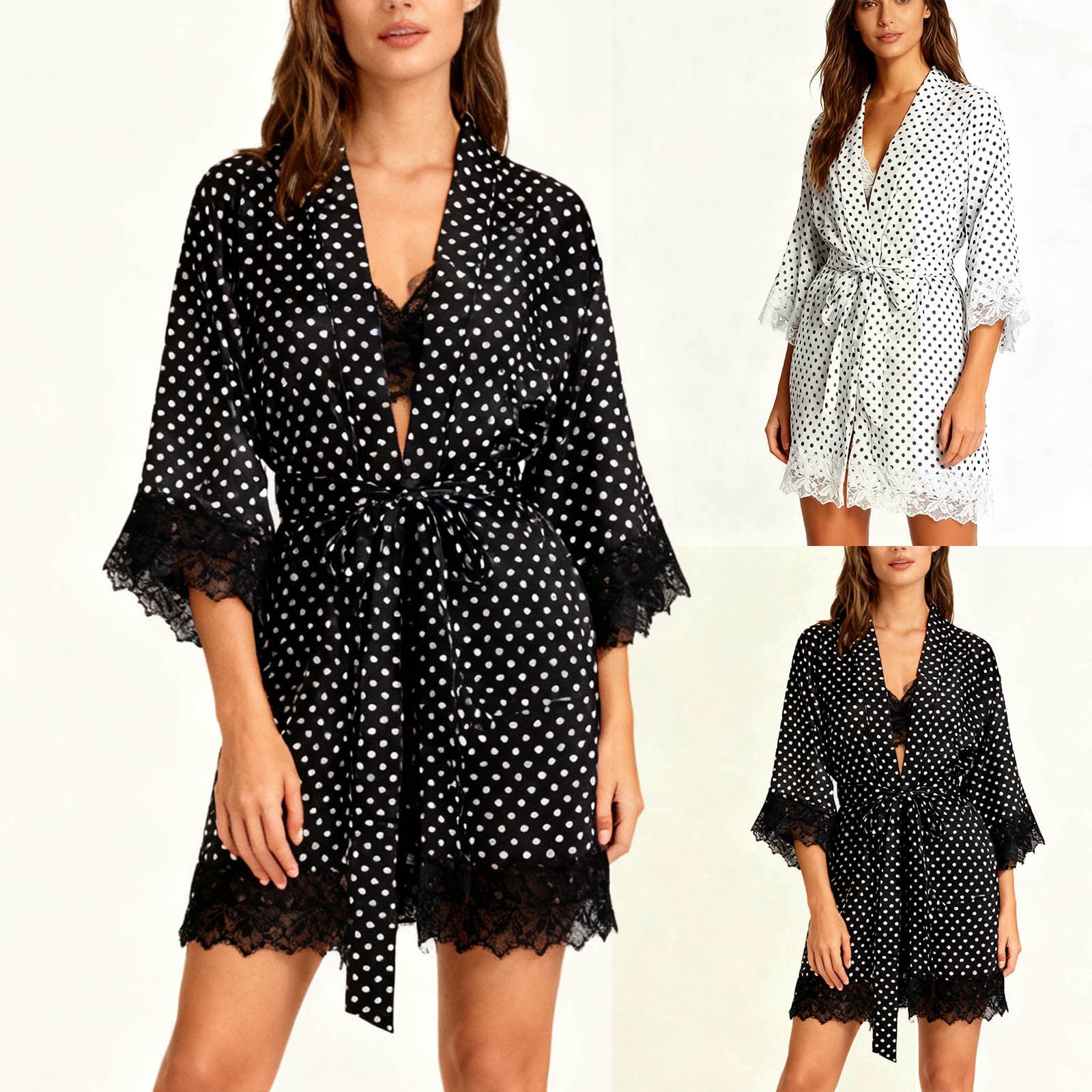 Romantic Short Robe Fewfanhot Lounge Sets for Women Short Satin Robe Lace Trim Silk Set ...