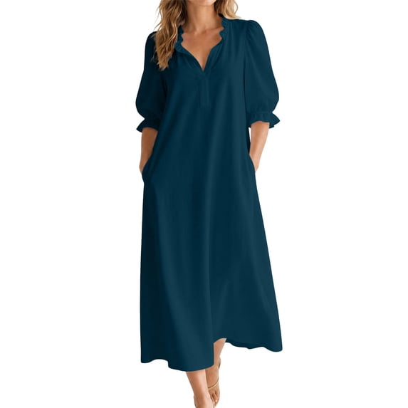Fewfanhot Dresses for Women V Neck Short Sleeves Solid Color Casual Flowy Summer Dresses