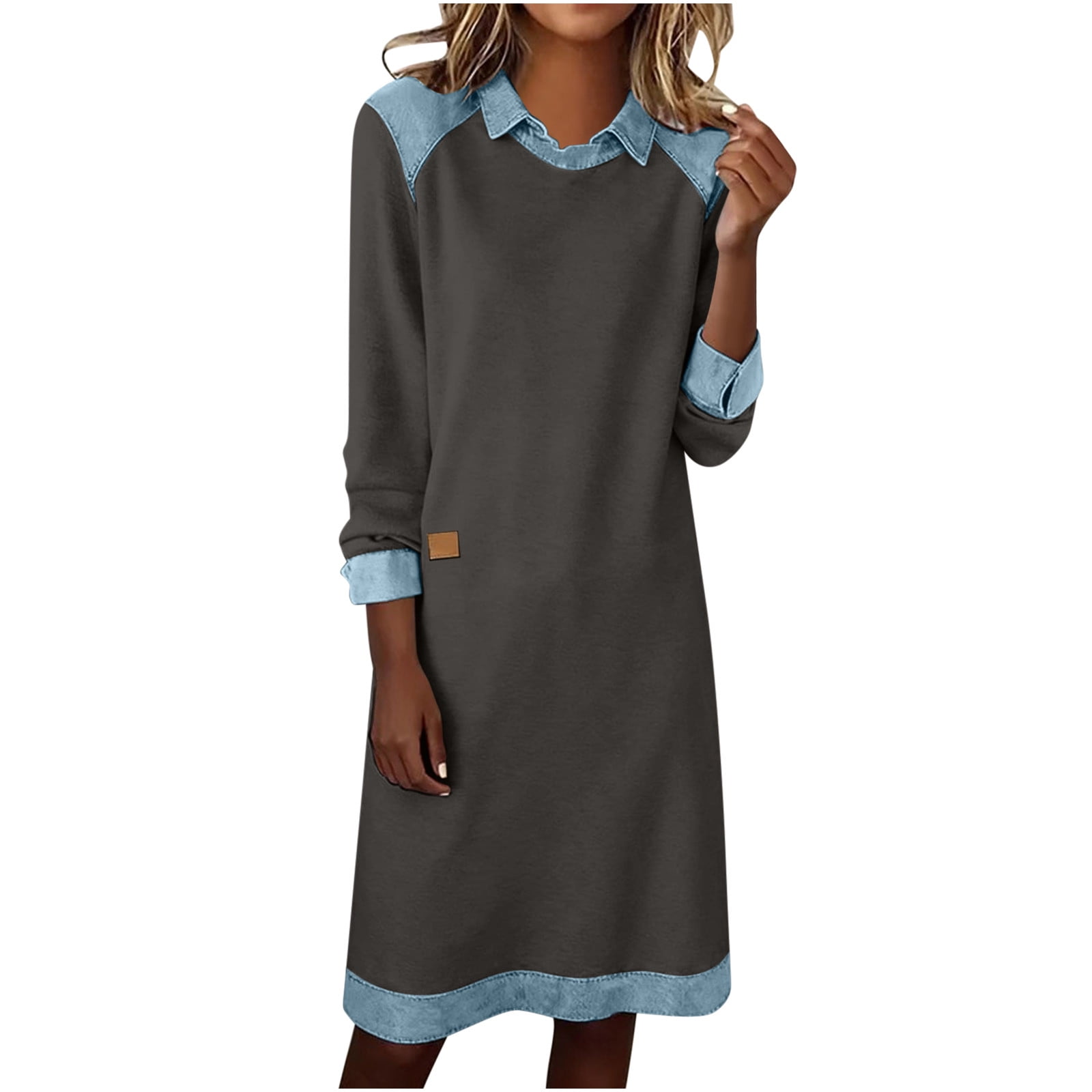 Fewfanhot Maxi Dresses for Women Flowy V Neck 3/4 Sleeve Mid Length Shift Dress with Pockets Comfy House Loungh Wear