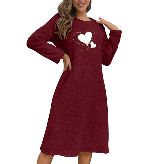 Fewfanhot Maxi Dresses for Women Heart Plush Thickened Nightdress Long Sleeve Crew Neck Loose Fit Pajama Dress Cozy Nightgown