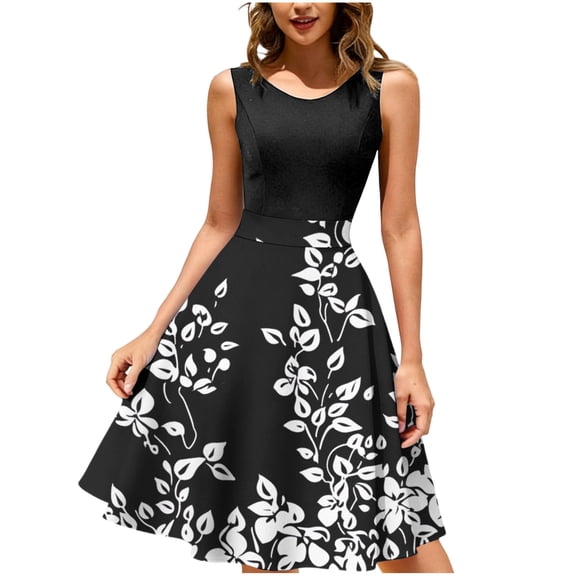 Fewfanhot Maxi Dresses for Women Vintage Floral Lace Flared A-Line Swing Casual Party Cocktail Dresses Sleeveless
