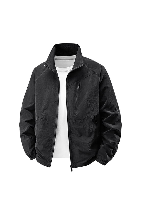 Men Classic Ribbed Collar Zip Up Jacket, Water Resistant Lightweight Casual Windproof Outerwear Coat