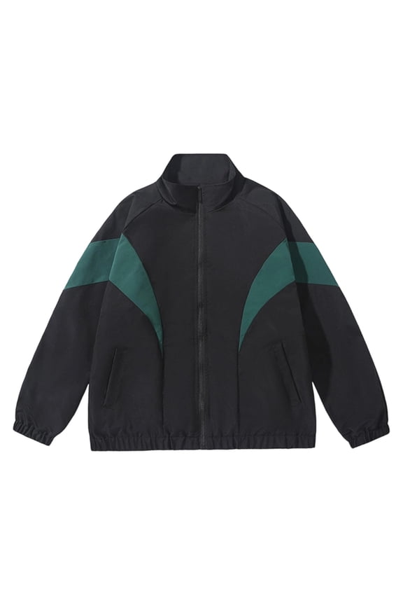 Men Color Block Stand Collar Windbreaker Jacket, Full Zip Elastic Cuff Retro Loose Athletic Track Coat